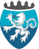 White lion rampant on a blue shield, topped with a gray crown.