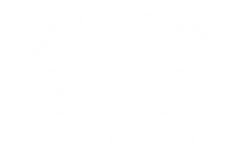 Logo for R & R General Contractor. Dark grey roof with white trim over navy blue text on a white background.