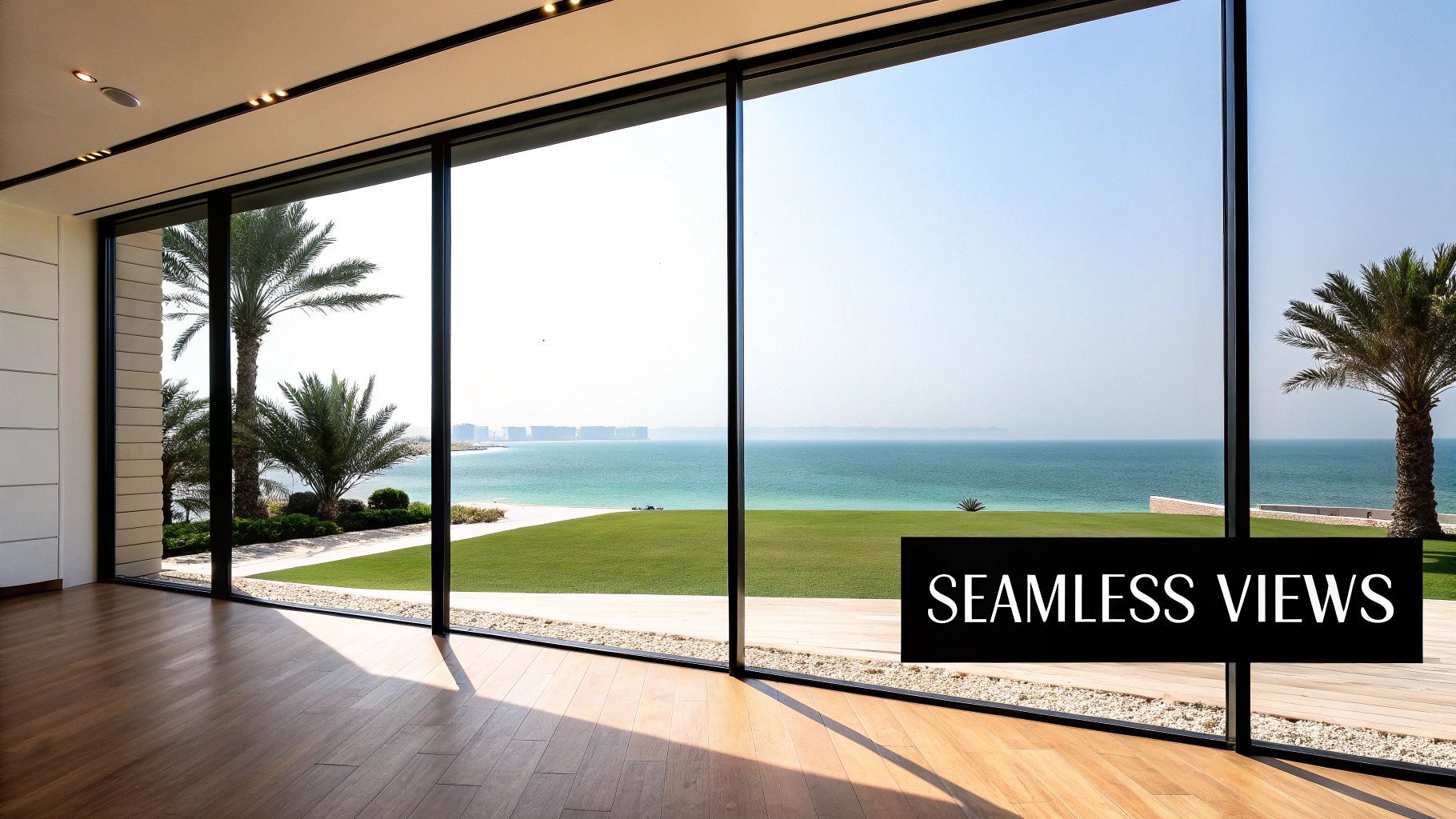 Large glass windows offer ocean views; wood floors, palm trees, and green grass. Text: