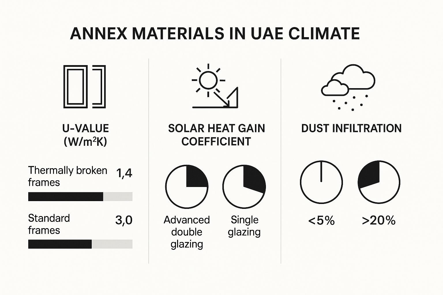 Comparison of annex materials in UAE climate, showing U-value, solar heat gain coefficient, and dust infiltration