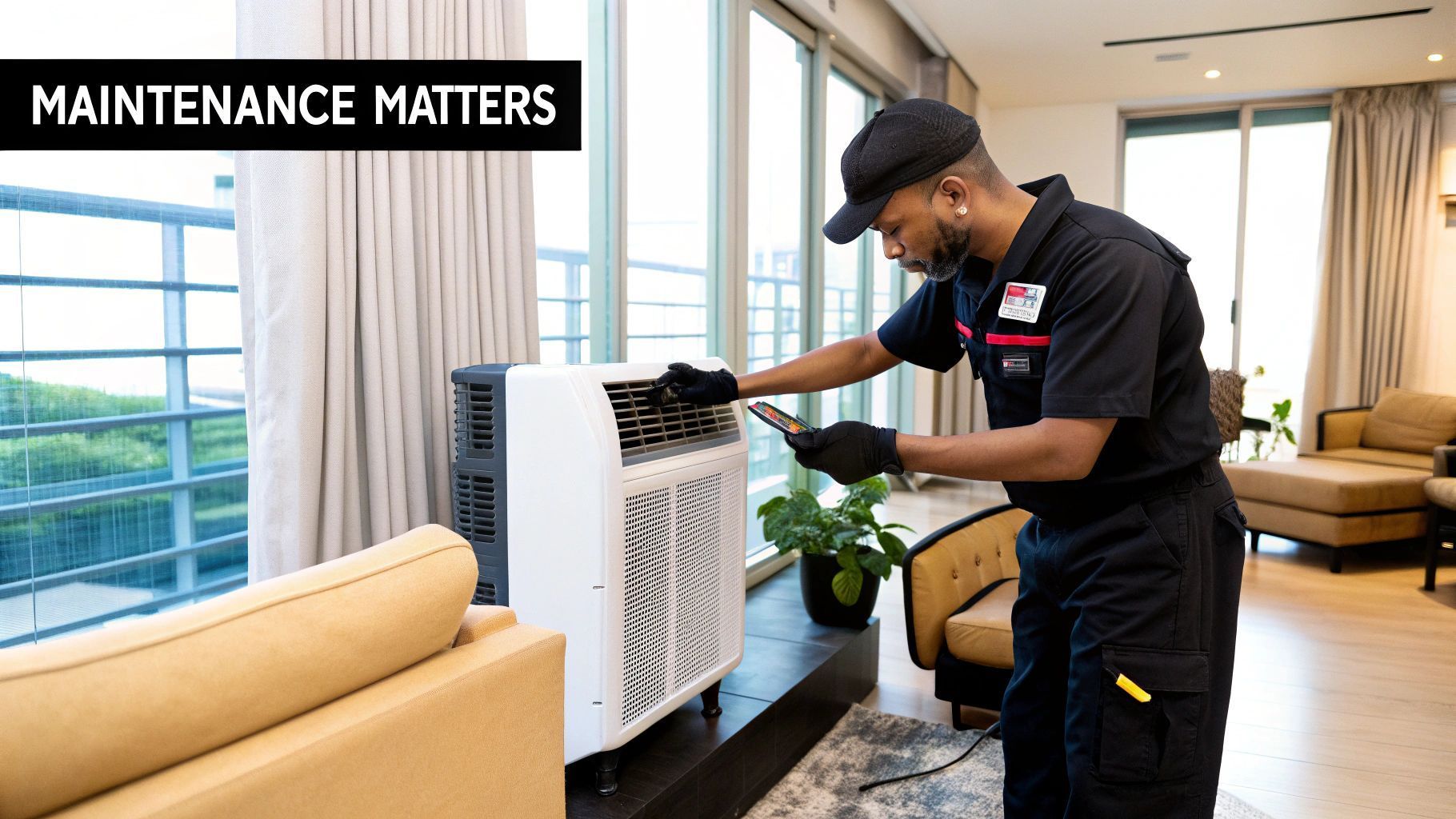 A maintenance worker inspecting an air purifier in a modern living room, taking notes on a device.