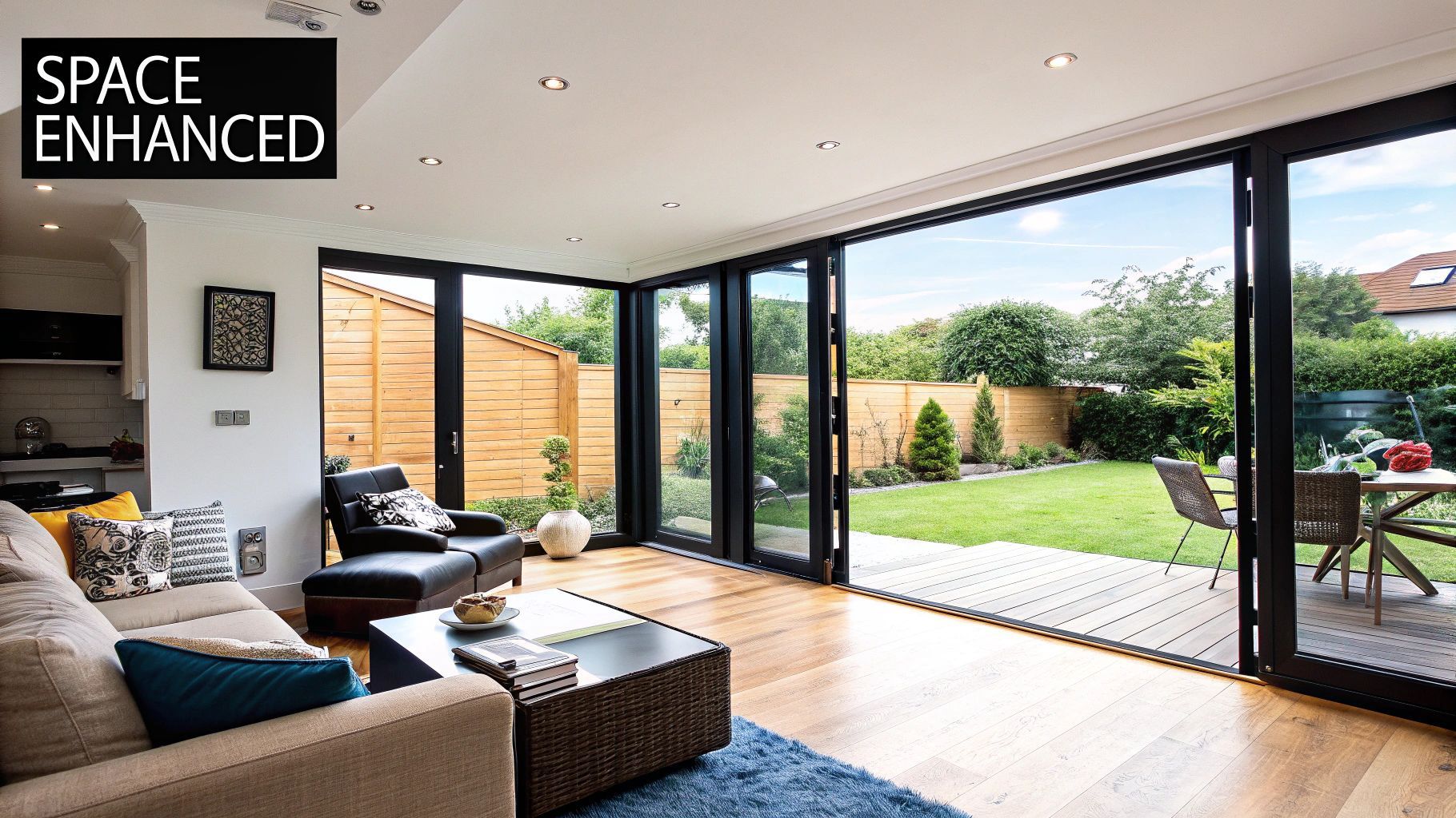 Spacious, bright living room with folding glass doors opening onto a backyard with a lawn and wooden deck. Modern decor.