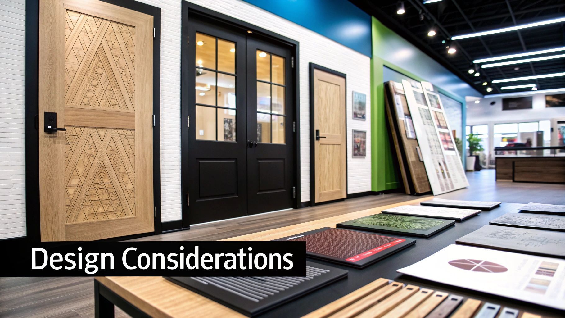 A showroom displays various doors, flooring samples, and design materials with a