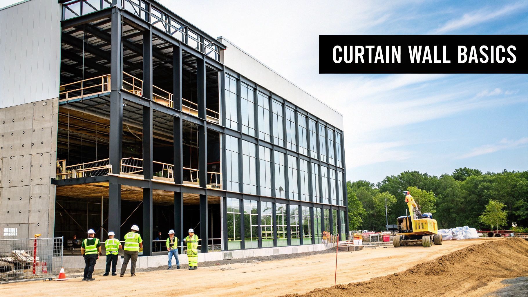 Construction site with a building's steel frame and glass curtain wall. Workers in vests, excavator on the right.