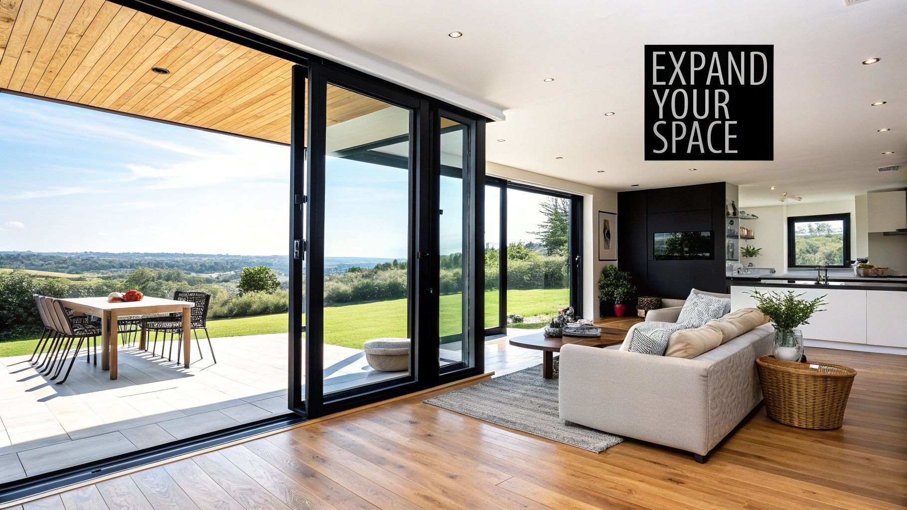 Living room with open glass doors, overlooking a patio and scenic view. 
