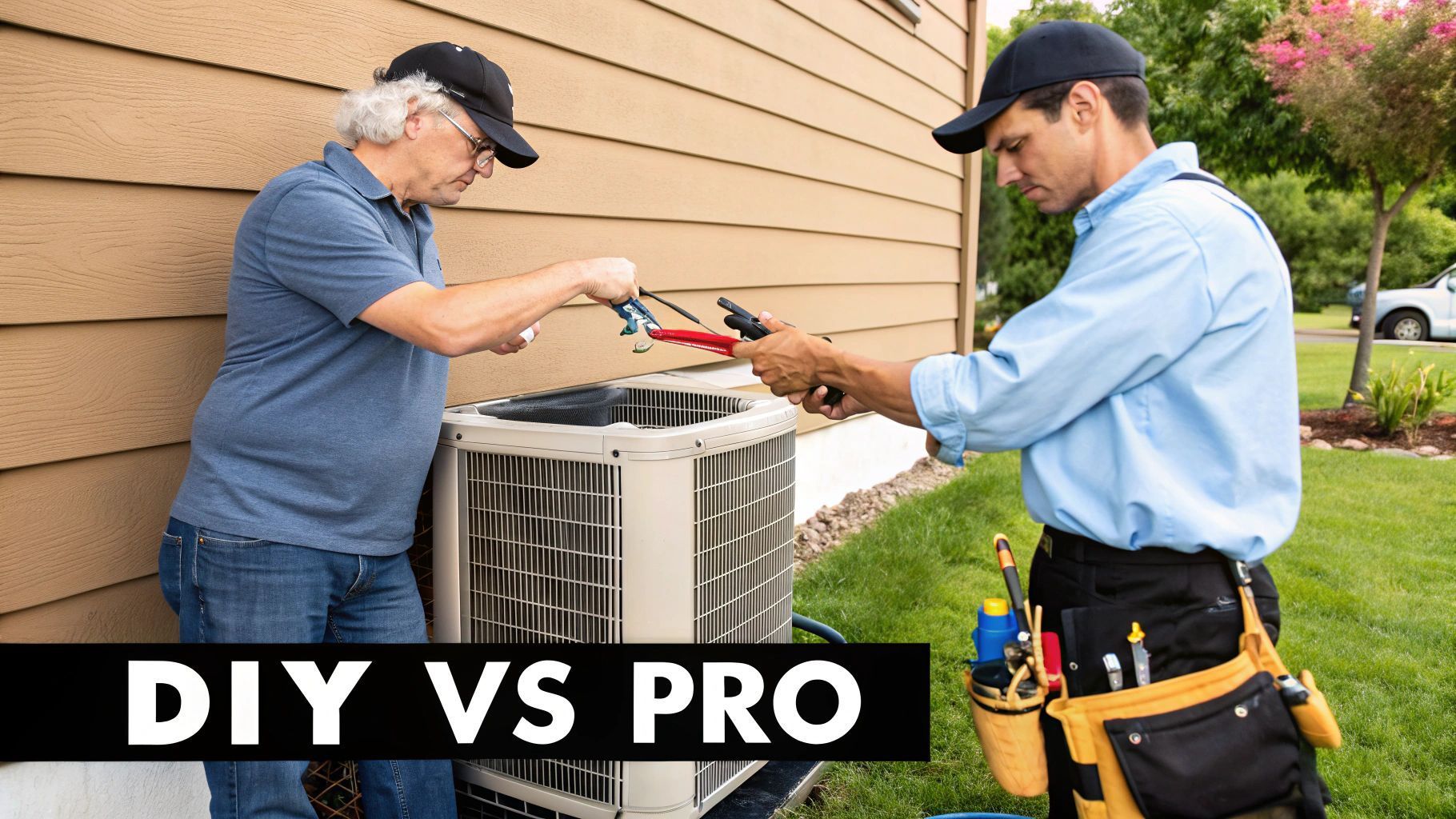 Two men, one older and one younger, work on an AC unit outside a house. The text
