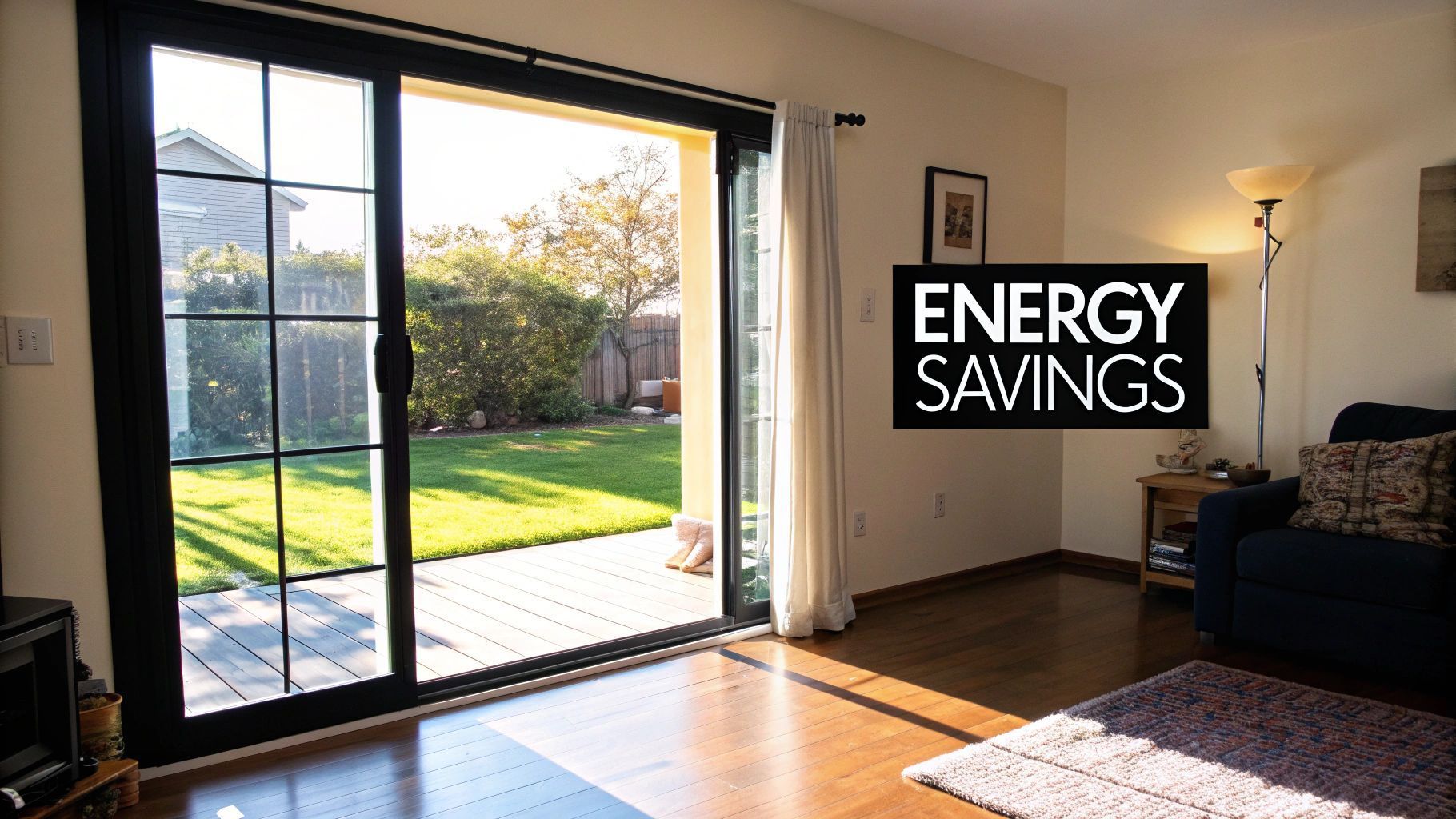 Sliding glass door open to a backyard, text reads