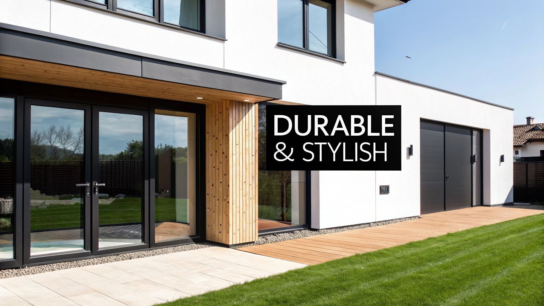 Modern white house with black trim, large windows, and garage. Text overlay reads