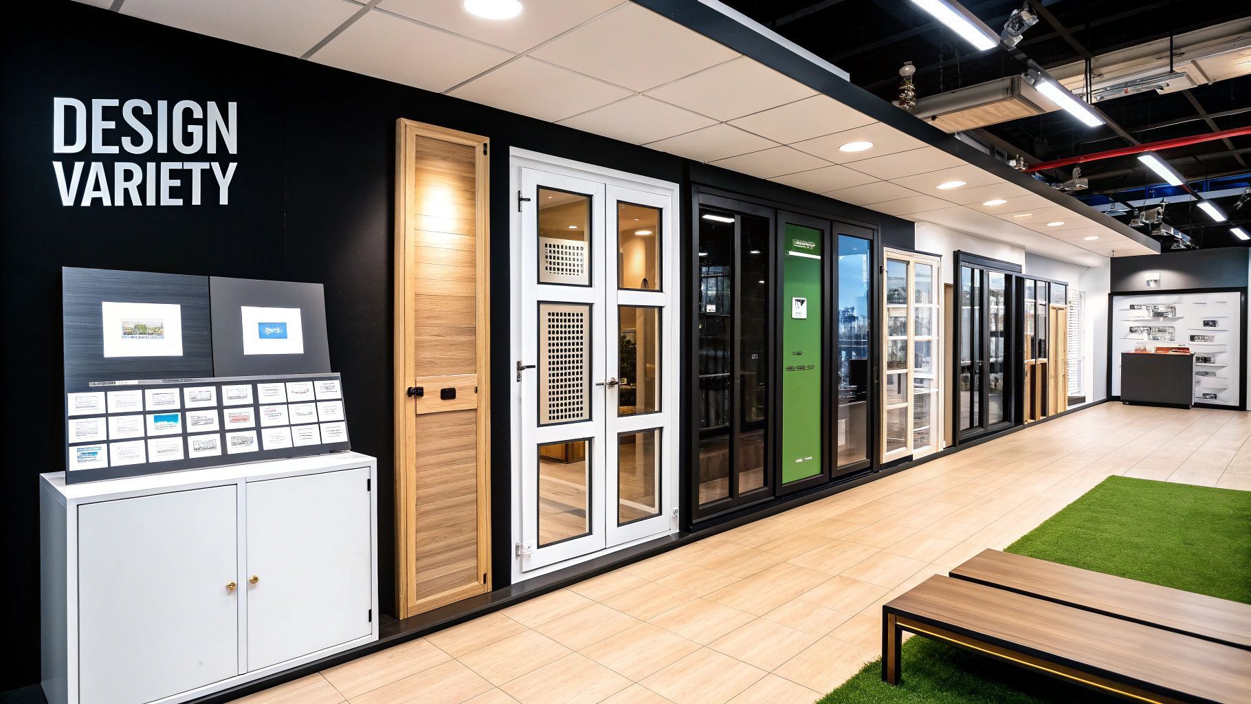 A showroom displays a variety of doors in different colors and styles against a black wall, promoting design variety.