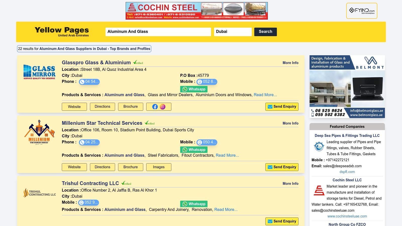 Yellow Pages website search results page for
