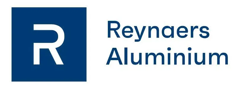 The logo for reynaers aluminium is blue and white.
