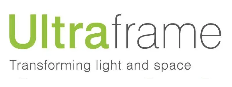 The ultraframe logo is green and white and says transforming light and space.