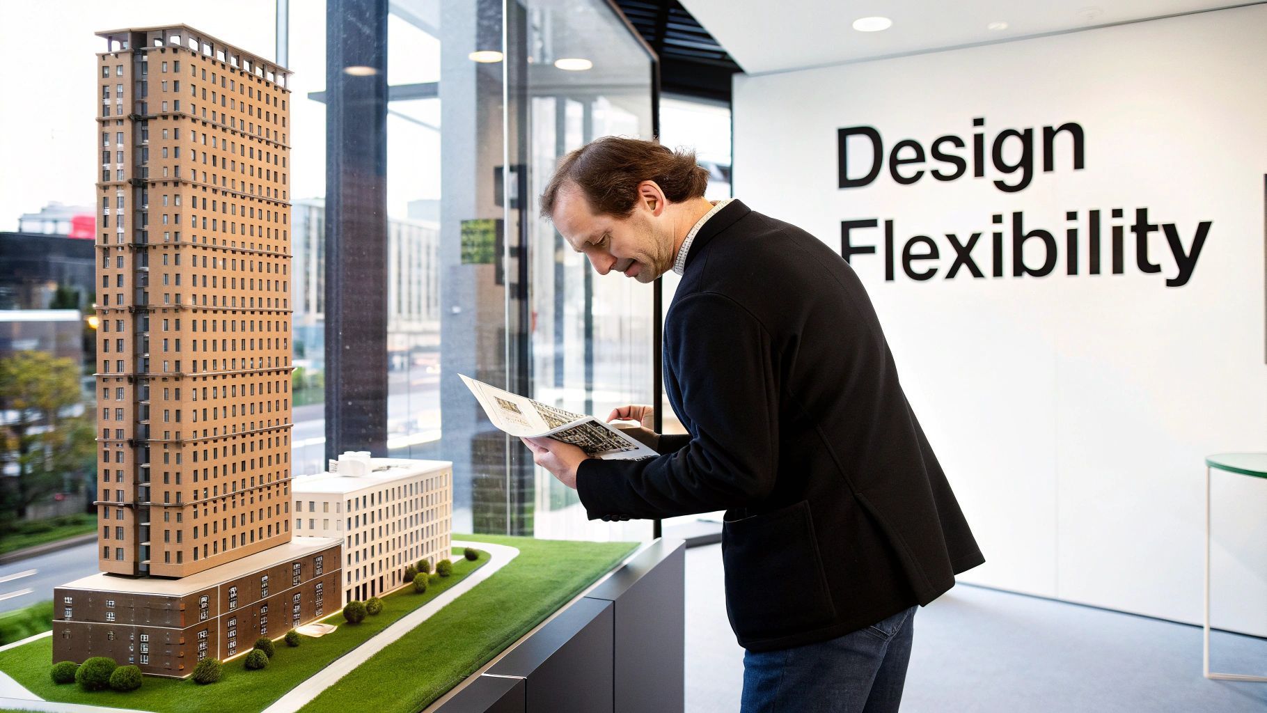 Man examines architectural models in a showroom. Tall wooden skyscraper model with