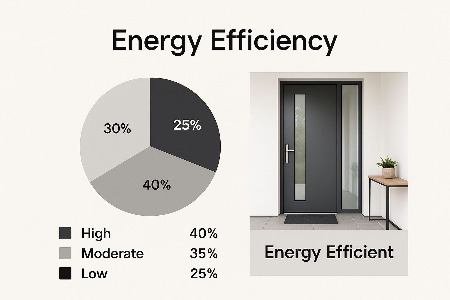Pie chart showing energy efficiency breakdown. A door labeled