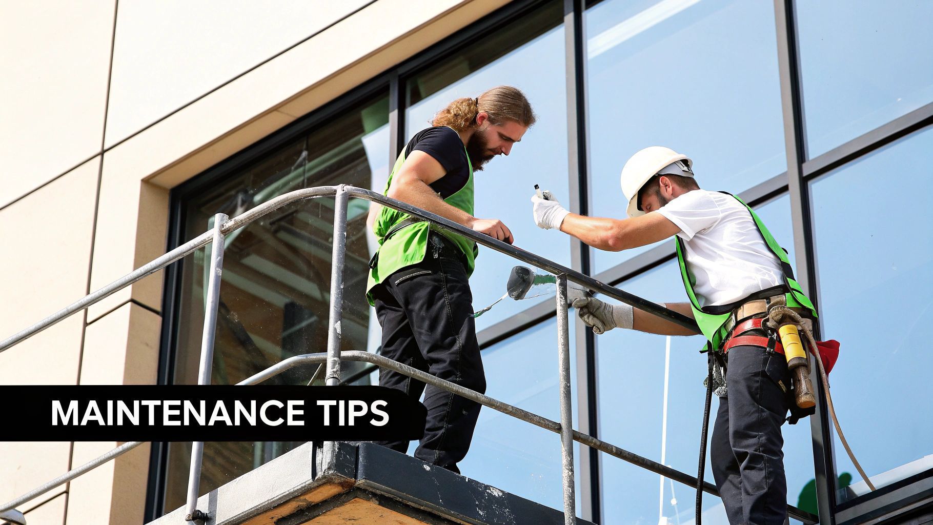 Two workers in safety harnesses repairing large windows on a high platform.
