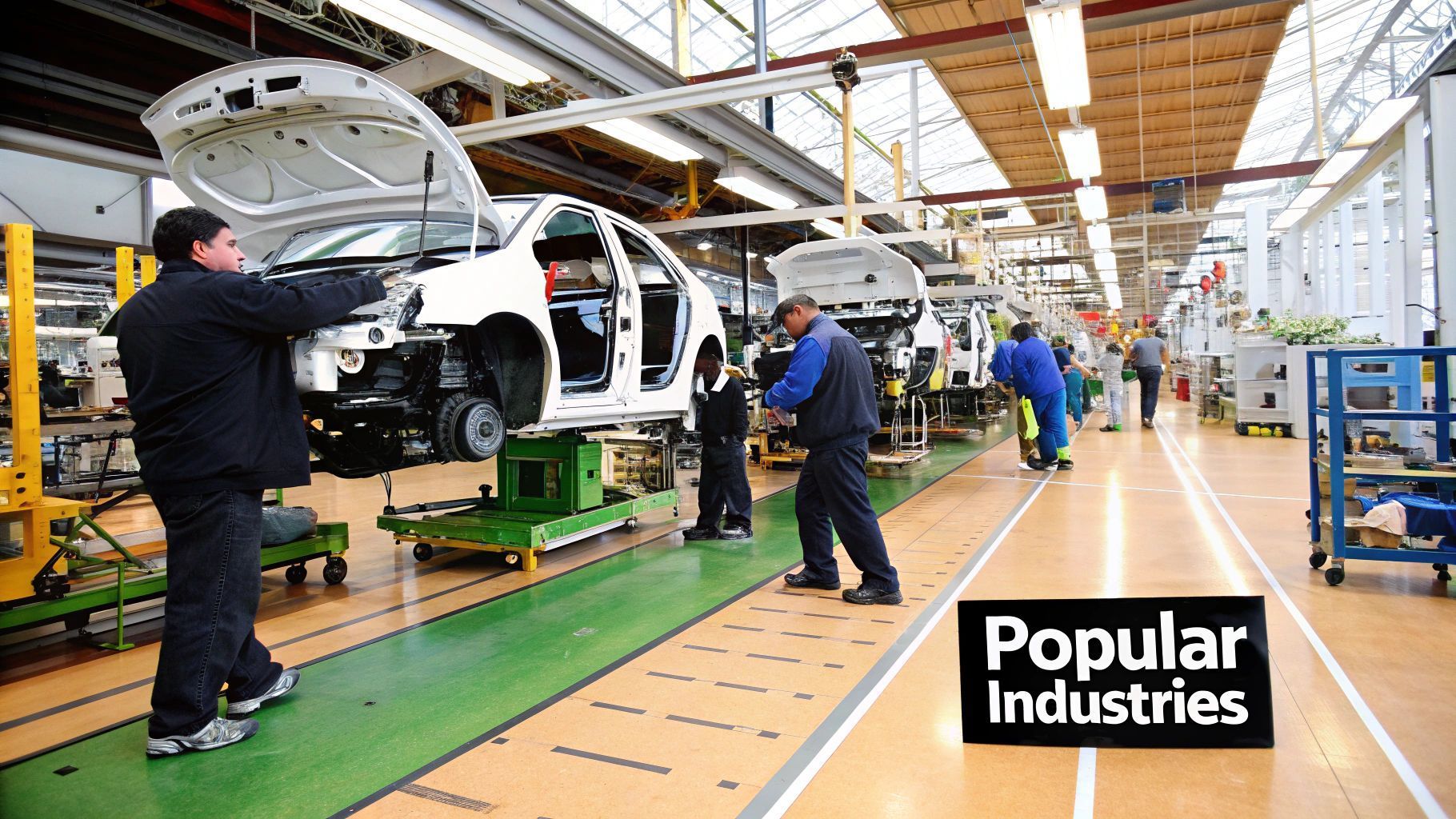 Workers assembling cars on an automotive assembly line; bright, industrial setting.