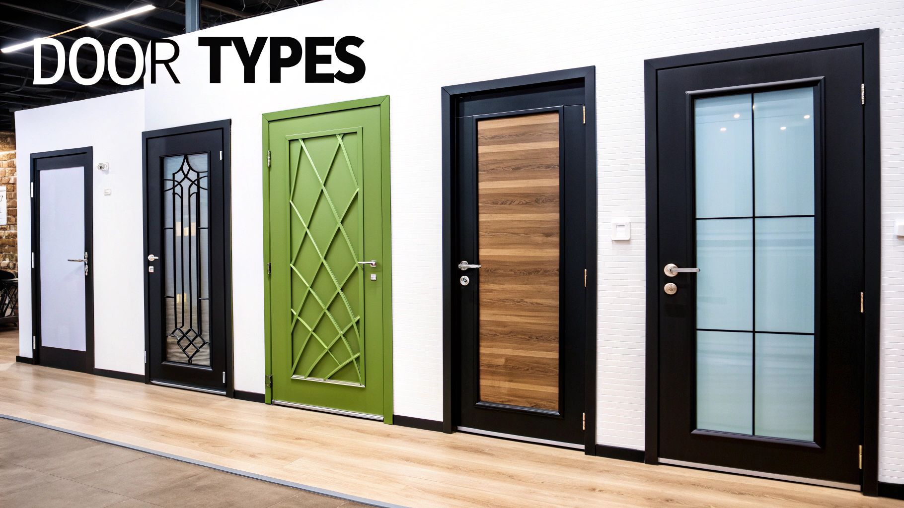 Various door types in different styles and colors on display.