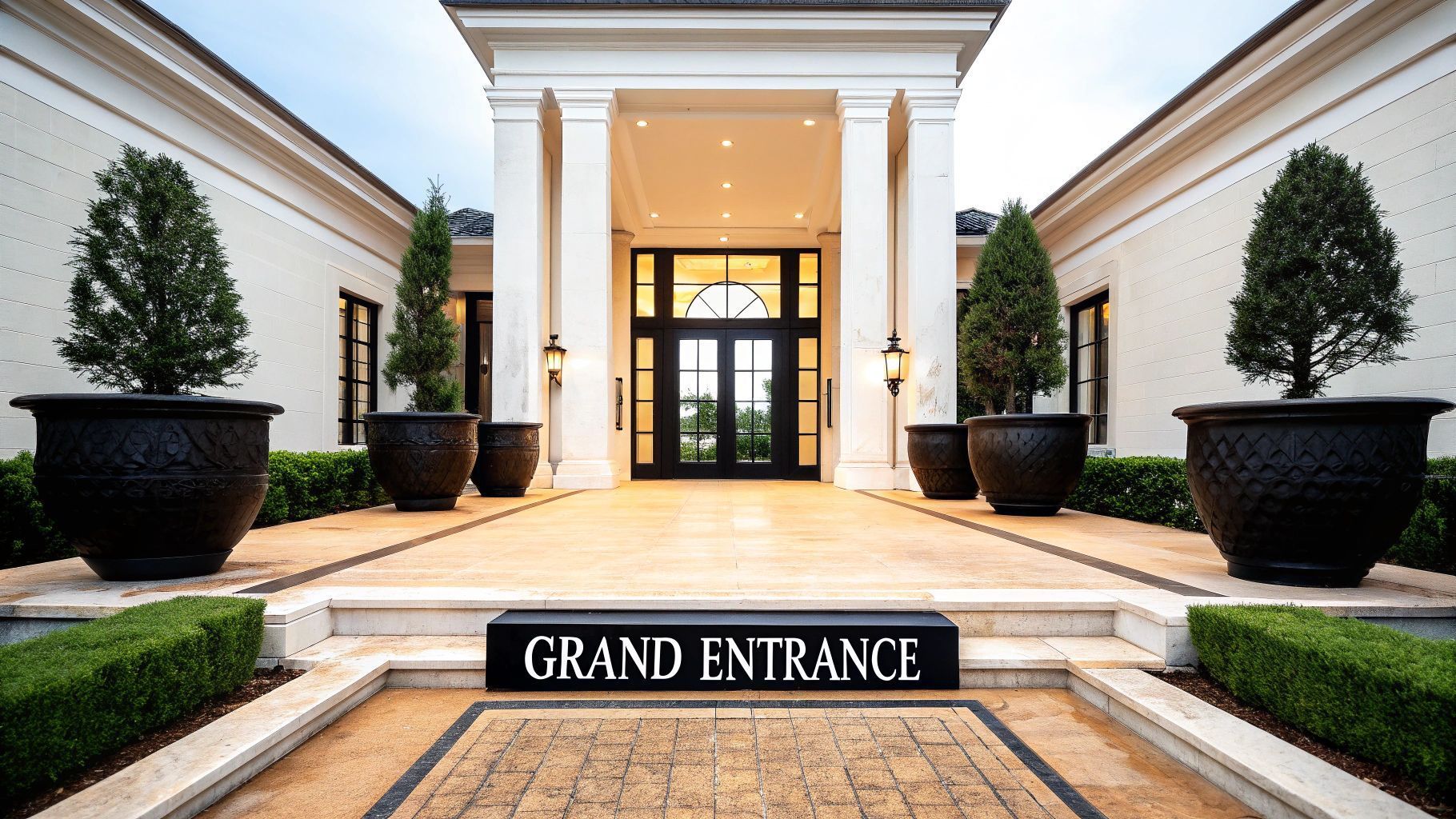 Grand entrance to a building with columns and potted trees. Black sign reads