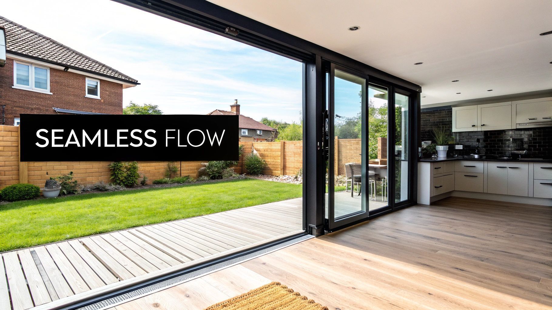 Open bifold doors connect a kitchen to a backyard with a lawn and wooden deck. The text