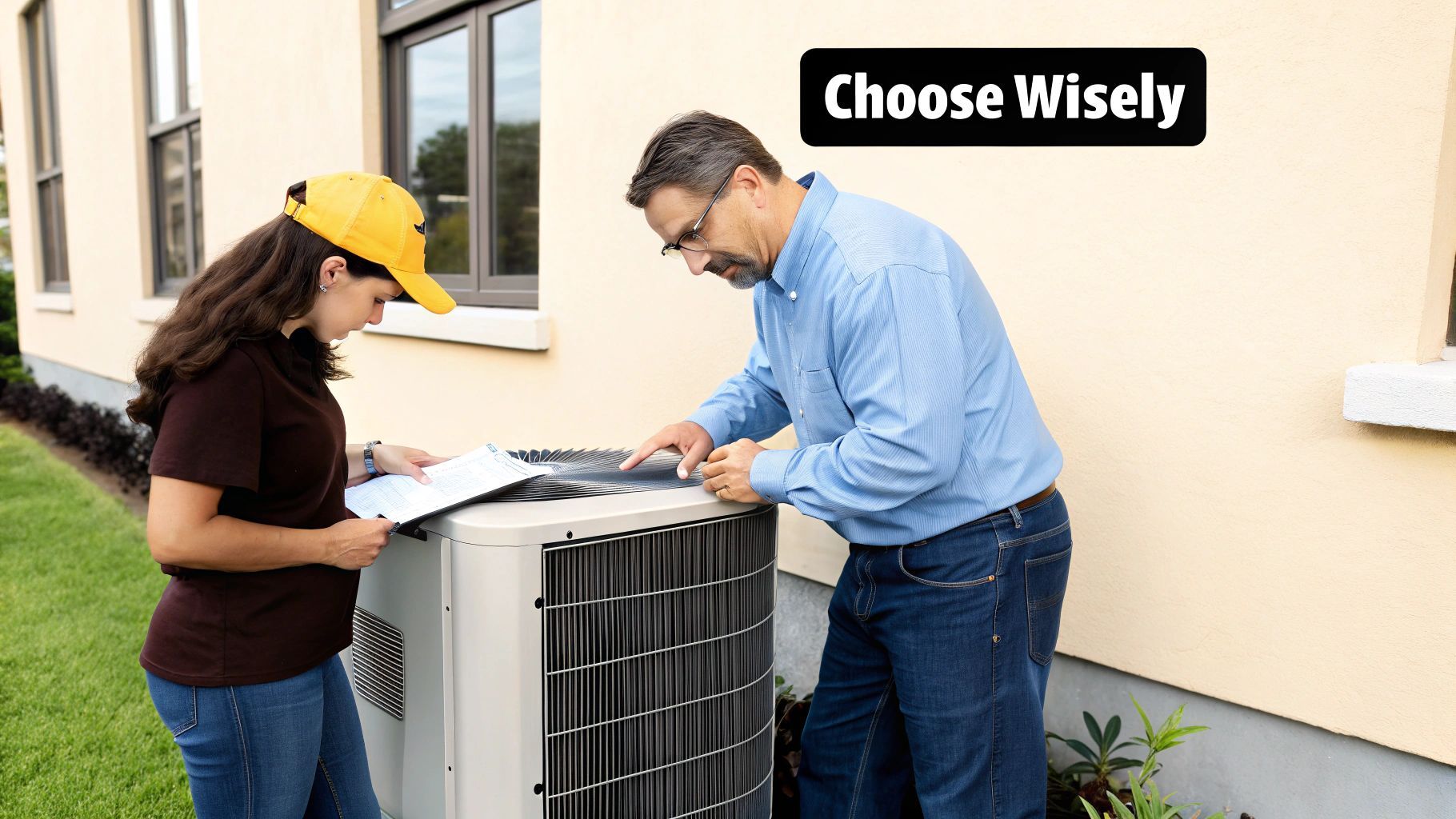 A woman and a man inspecting an outdoor air conditioning unit; the man points to the unit while the woman holds paperwork.