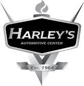 Harley&rsquo;s Automotive Center logo with a silver and black badge, flame icon, and &ldquo;Est. 1964&rdquo; text