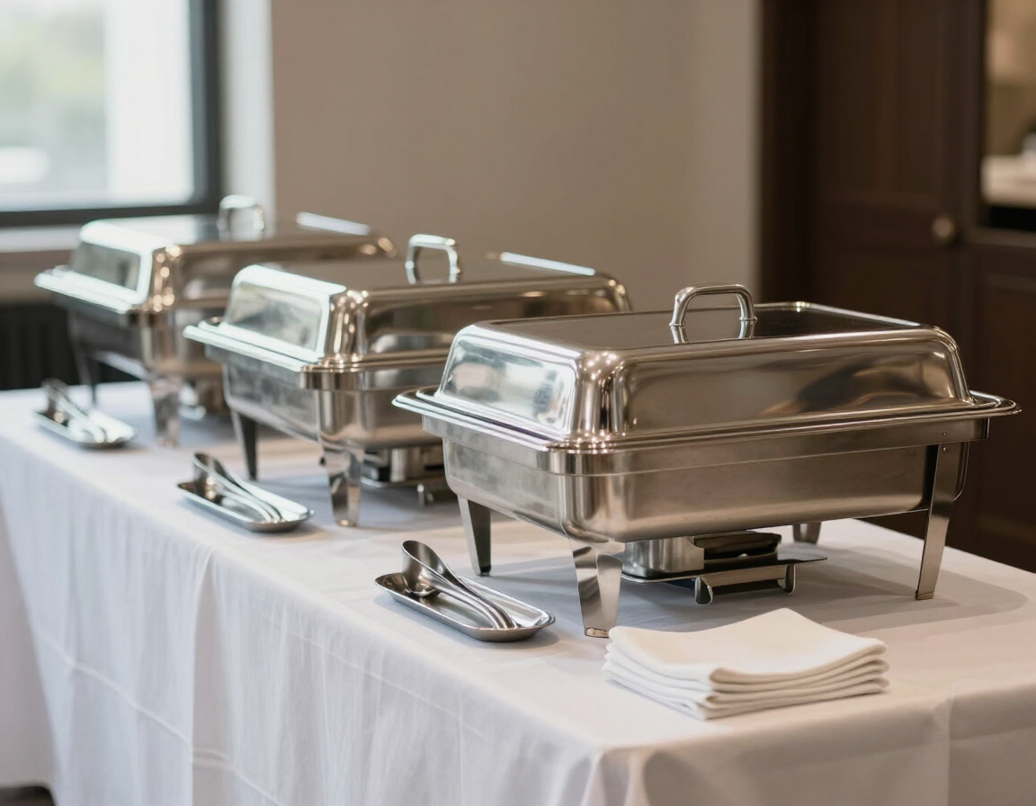 Polished chafing dishes on a catering table at an outdoor event.