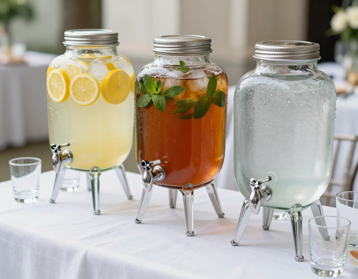 Glass beverage dispensers on a linen-draped table at an outdoor wedding.