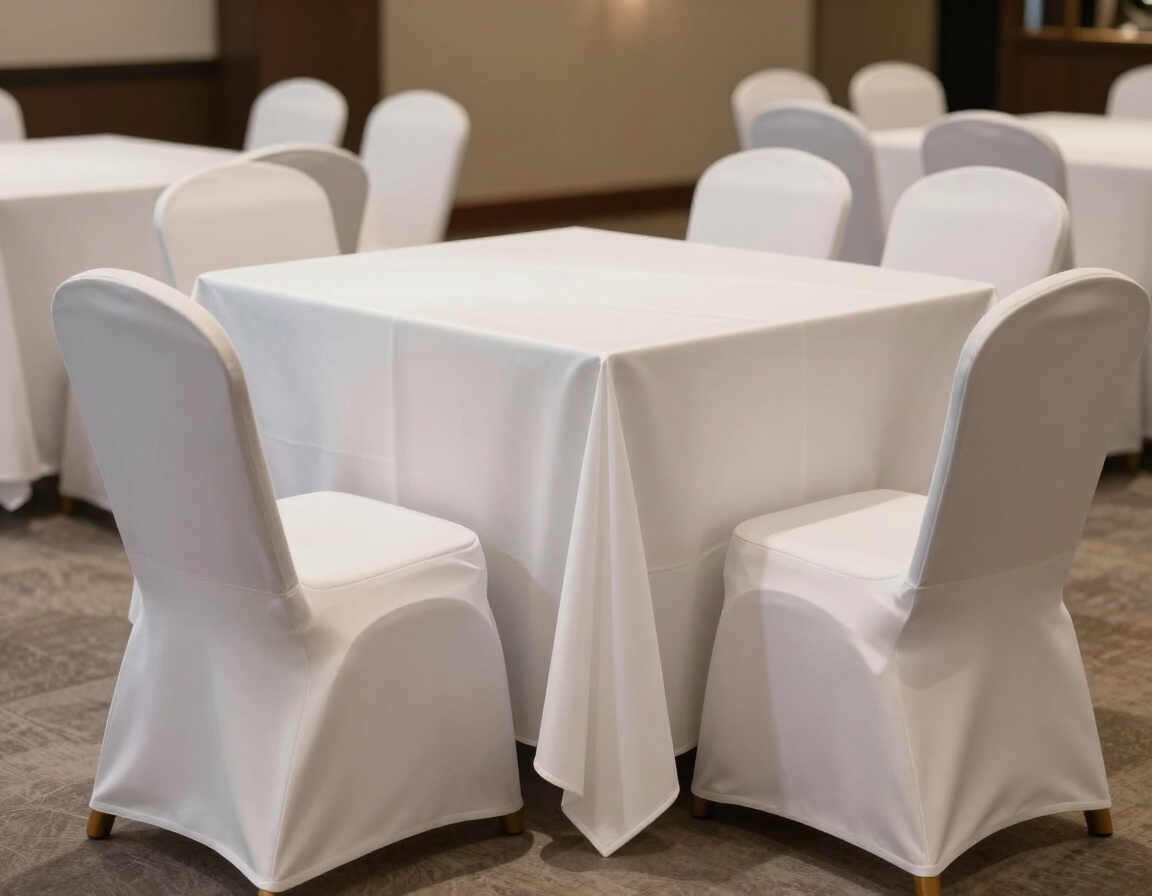 Neatly pressed white tablecloths and chair covers at a wedding reception.