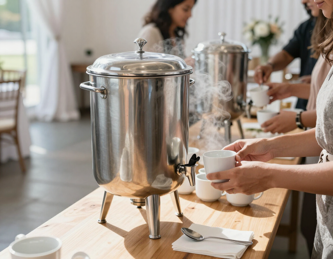 Stainless steel coffee urn on a table set up for a wedding reception.