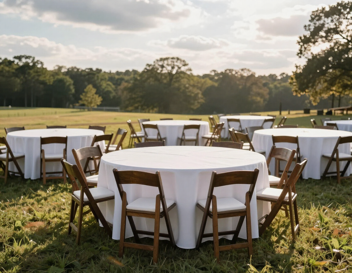 Round banquet tables with white chairs arranged for a wedding reception.