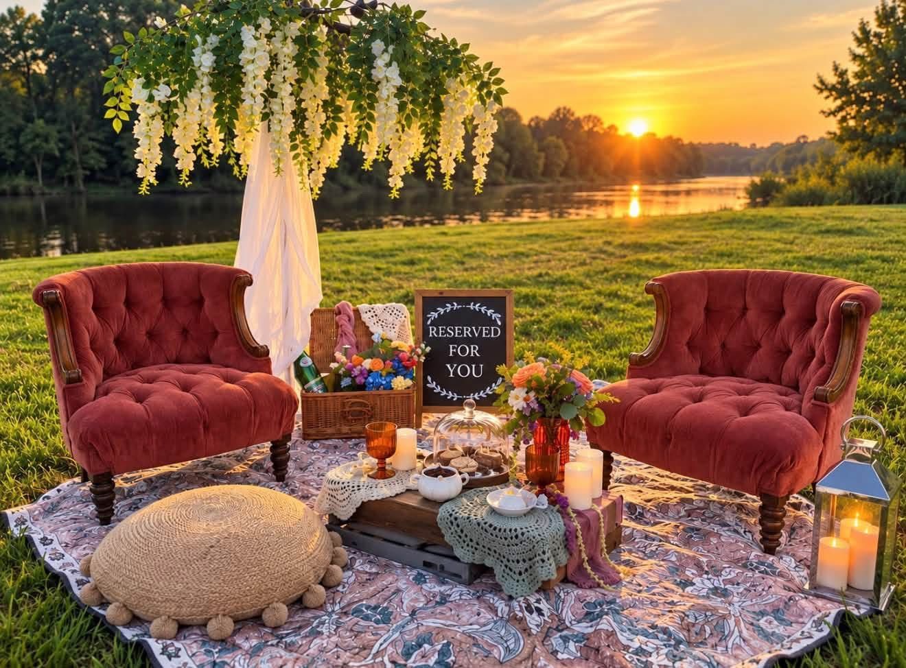 Cozy sunset picnic setup with red chairs, lanterns, flowers, and a patterned rug by the water.