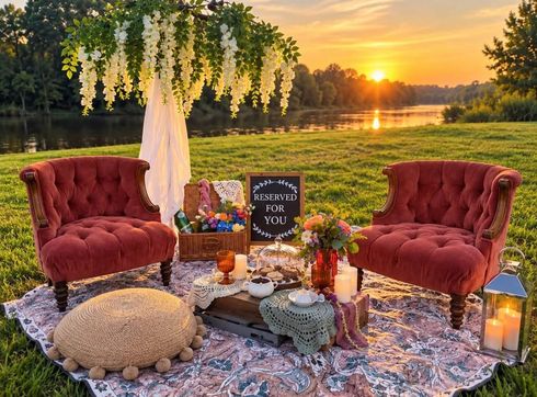 Cozy outdoor picnic setup at sunset with red chairs, flowers, lanterns, and a lake view