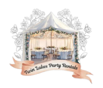 Twin Lakes Party Rentals logo with a decorated tent and ribbon banner on a white background