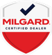 Milgard Certified Dealer shield logo in red, white, and blue with a checkmark