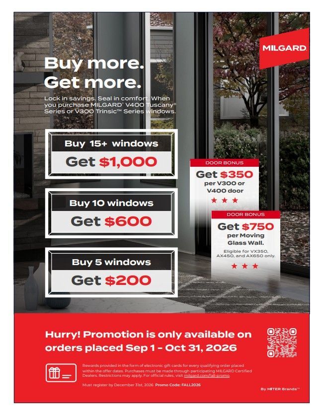 White promo flyer for windows: “Buy more. Get more.” with discount tiers and red Milgard logo.