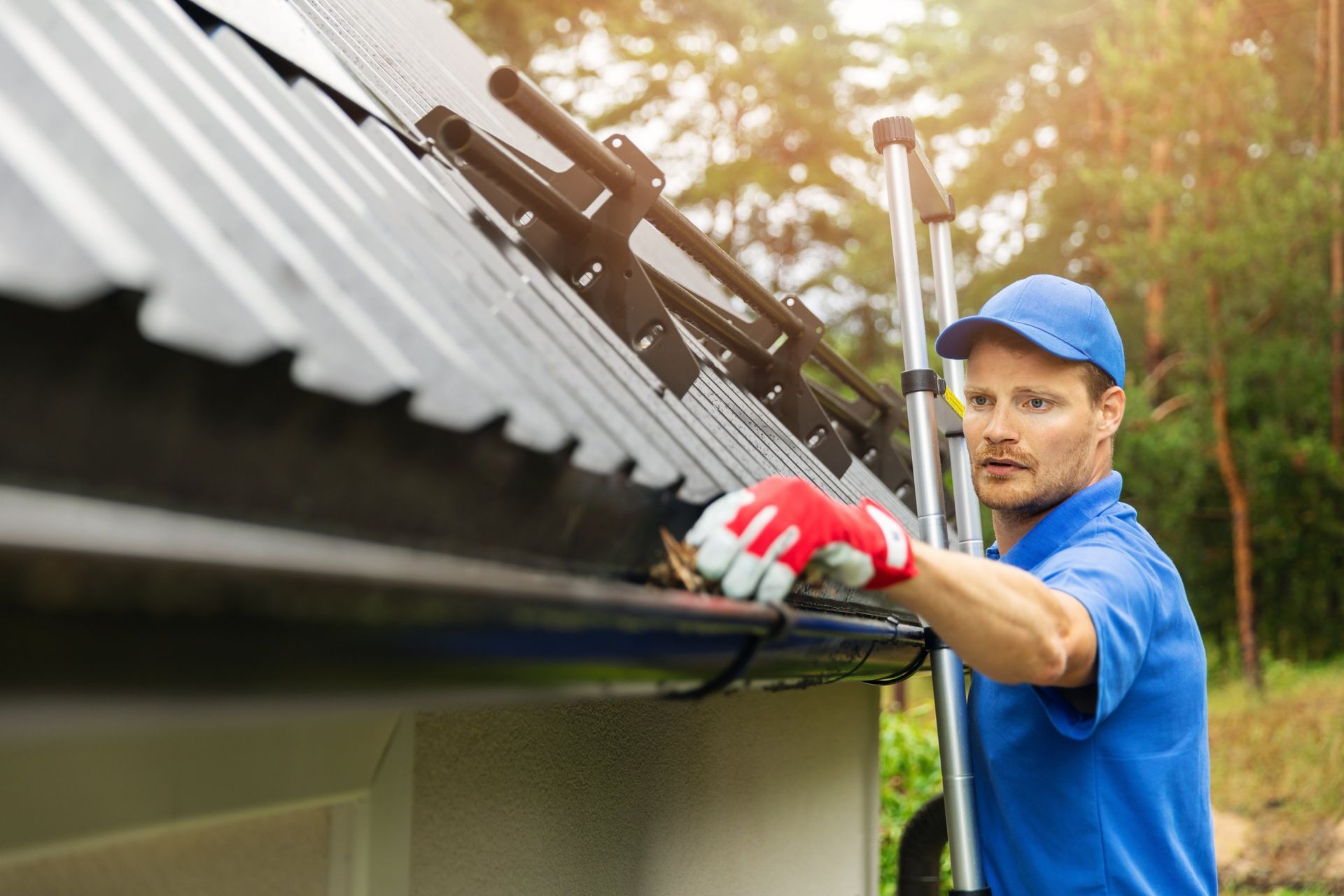 Man in blue shirt and cap cleaning a roof gutter, using gloves and a ladder.
