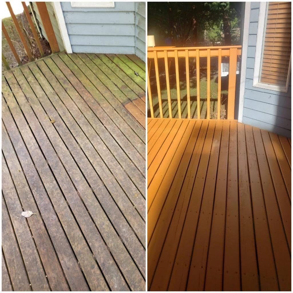 Comparison of a deck before and after staining. Before: grayed wood with moss. After: orange-brown stained wood.