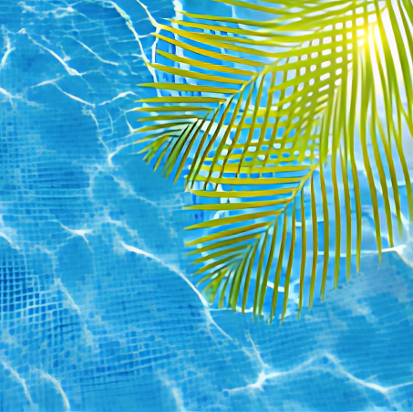 Blue pool water with sunlight and green palm leaves.