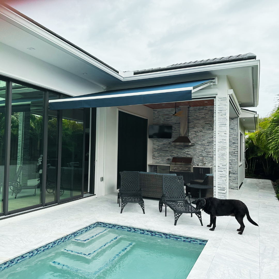 A black dog near a pool in a backyard with a patio and awning.