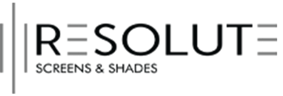 Logo of Resolute Screens & Shades with vertical bars on the left.