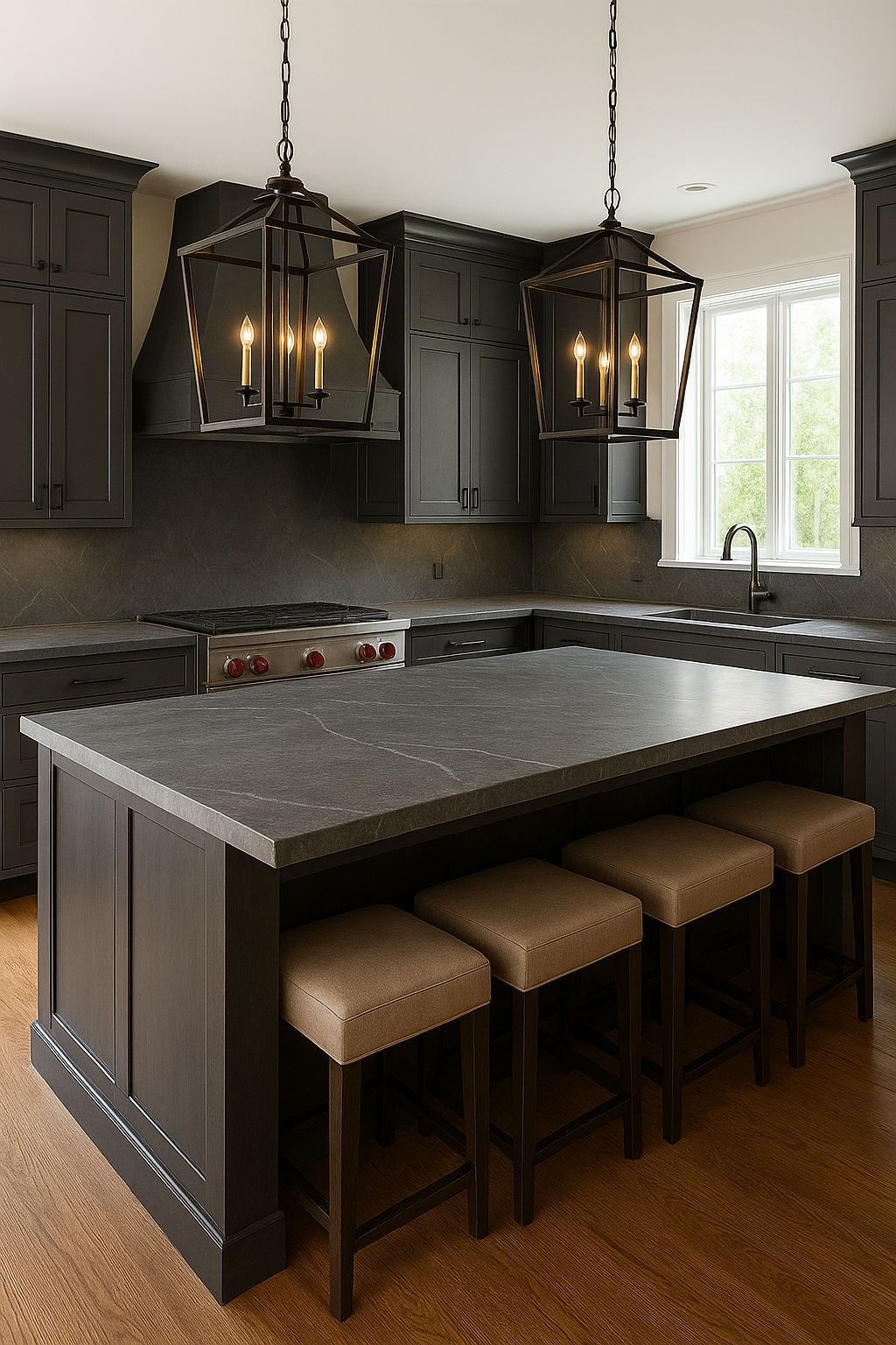 A kitchen with a large island and stools