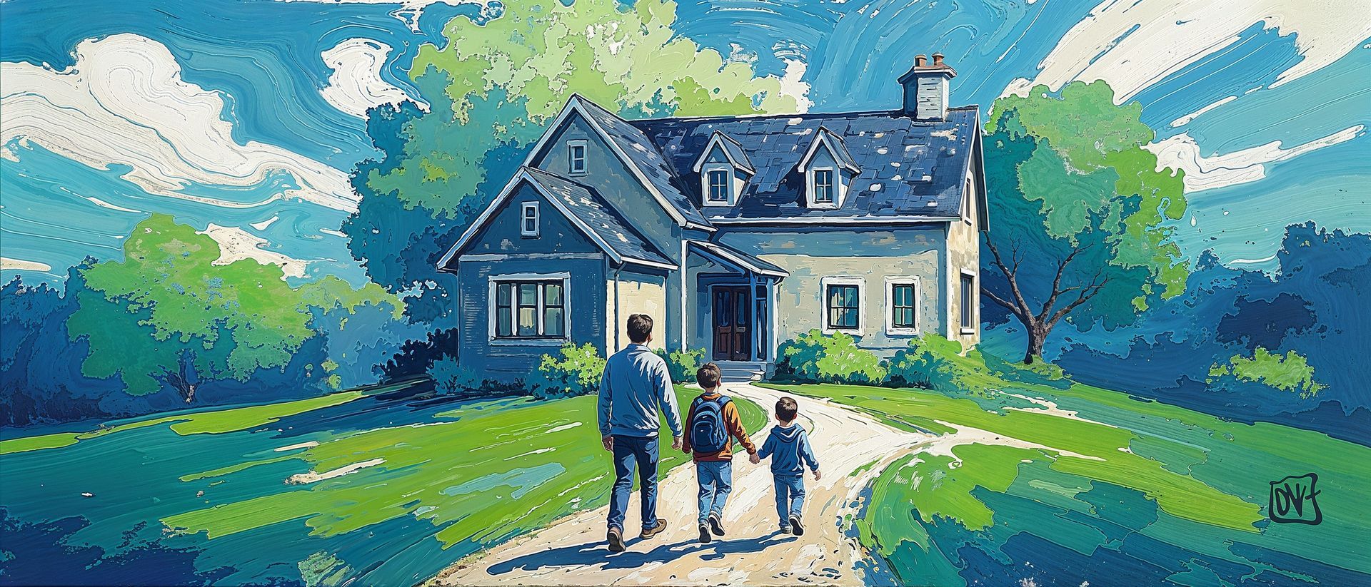 A person and two children walk towards a house. Green grass, blue sky, and trees surround them.