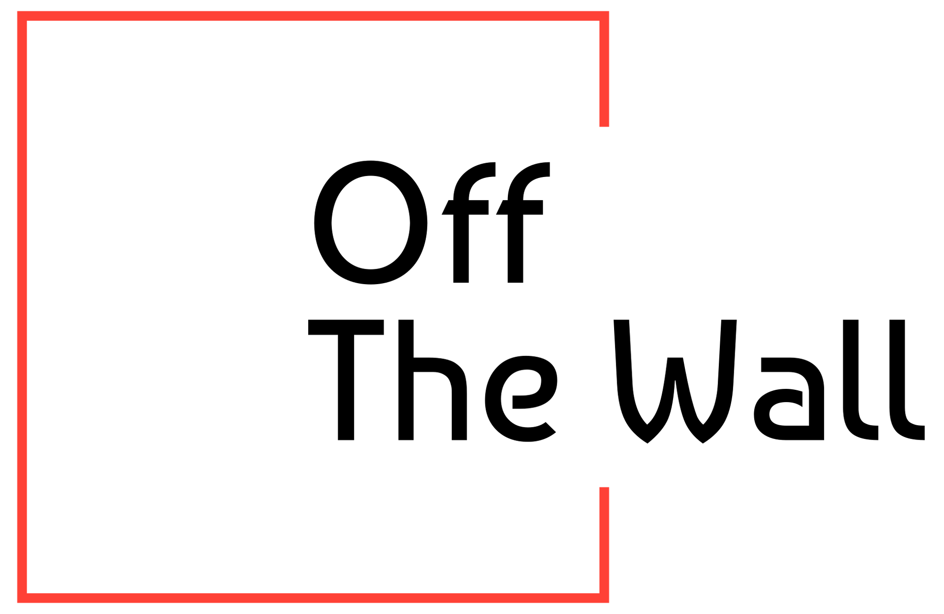 The logo for off the wall is black and red and says `` off the wall ''.