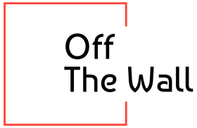 The logo for off the wall is black and red and says `` off the wall ''.