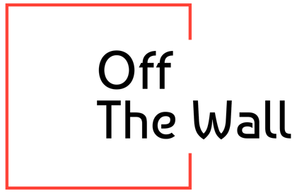 The logo for off the wall is black and red and says `` off the wall ''.