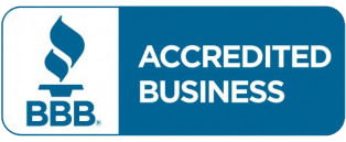 BBB Accredited Business logo, blue and white, with a torch and the words