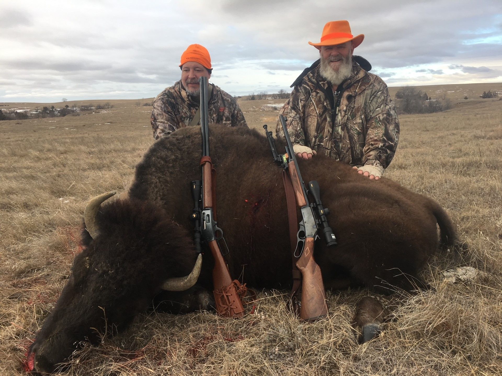Weapons allowed for Bison Hunts You can hunt your buffalo with a bow, black powder rifle, or large caliber rifle.