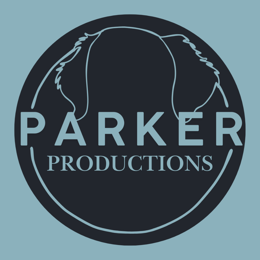 Parker Productions logo with stylized animal silhouettes in light blue on a dark circular background
