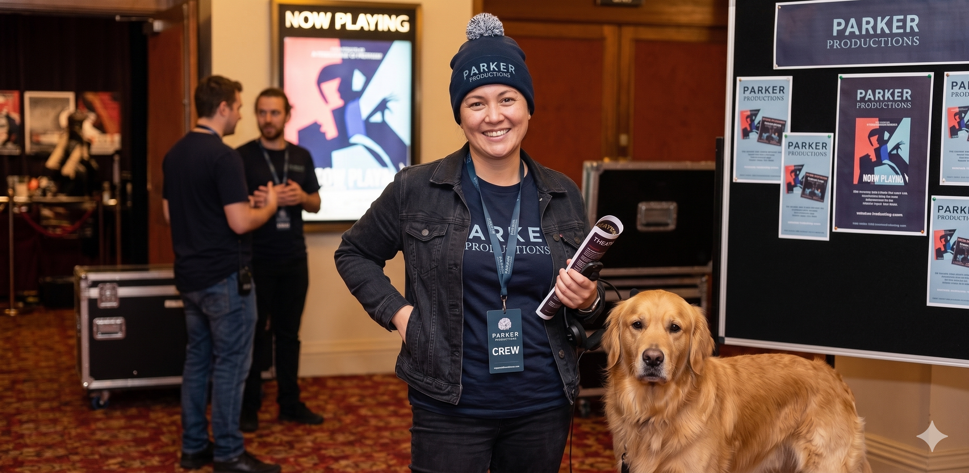 Woman in a beanie stands with a golden retriever at a theater lobby display.