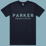 Navy T-shirt with “PARKER PRODUCTIONS” printed on the front in light blue and white text
